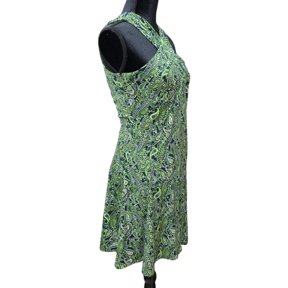 Michael Kors Halter Flare Green Paisley Crossover Neck Stretch Dress M
